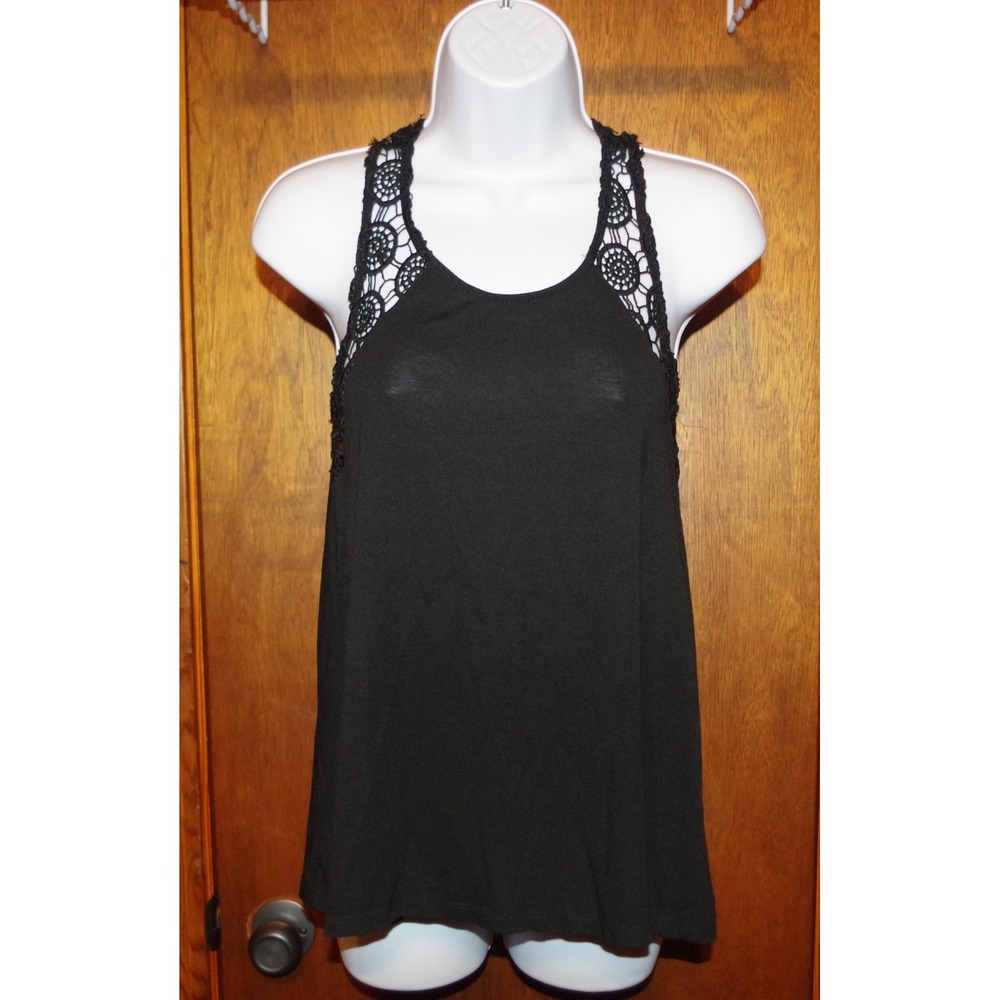 Poof Womens Small Black Racerback Tank Top Crochet Lace Medallion Detail